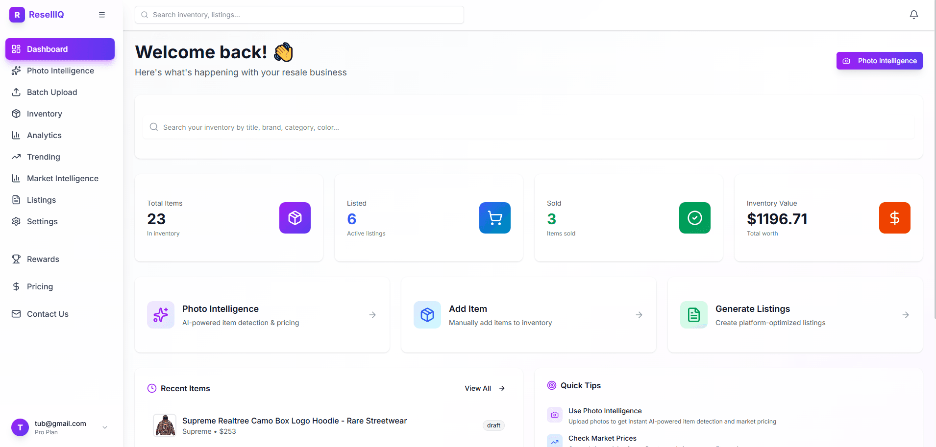 ResellIQ Dashboard - Inventory Analytics and AI-Powered Tools